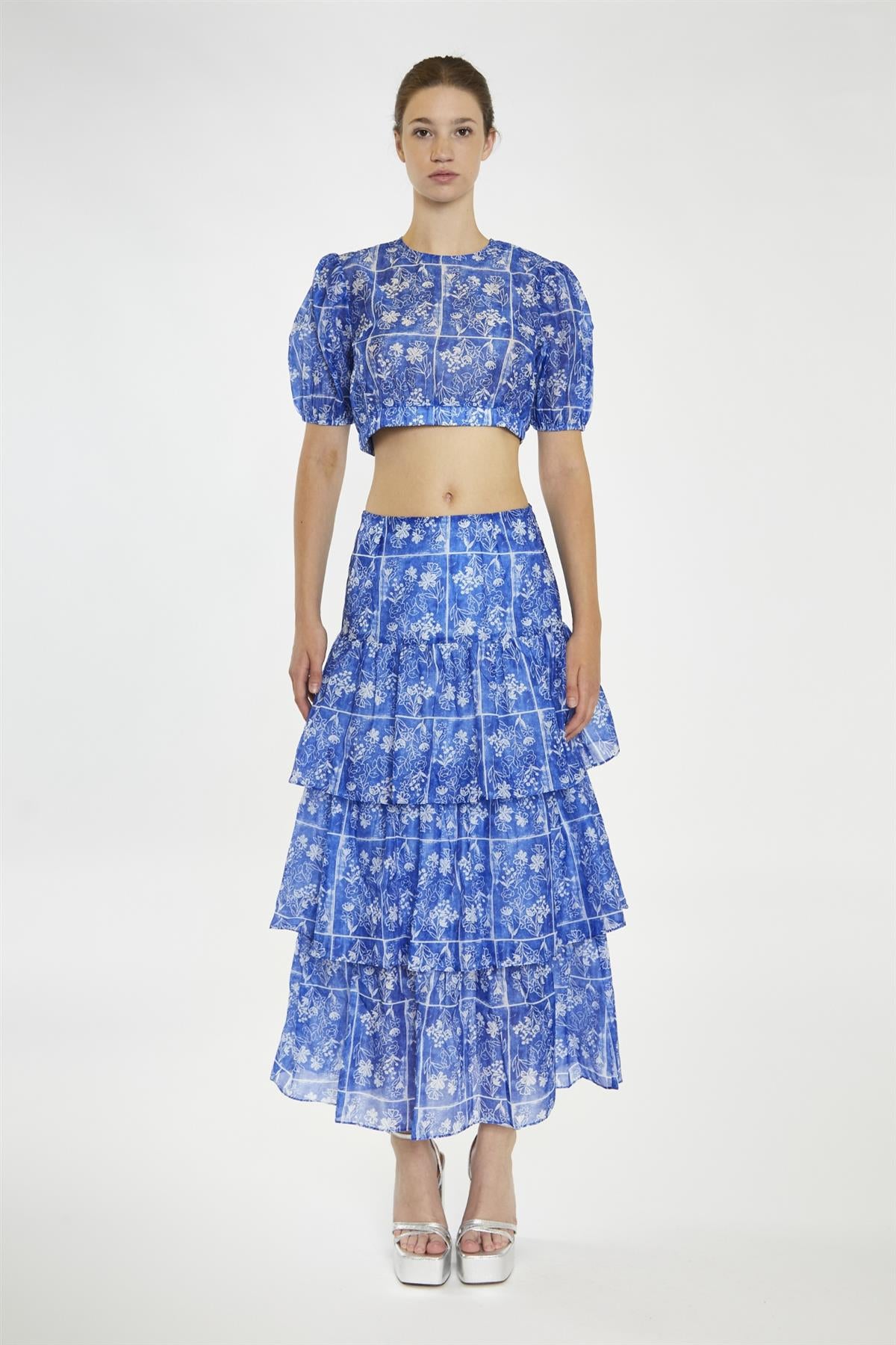 Blue-Tile Organza Tiered Ruffle Midaxi-Skirt