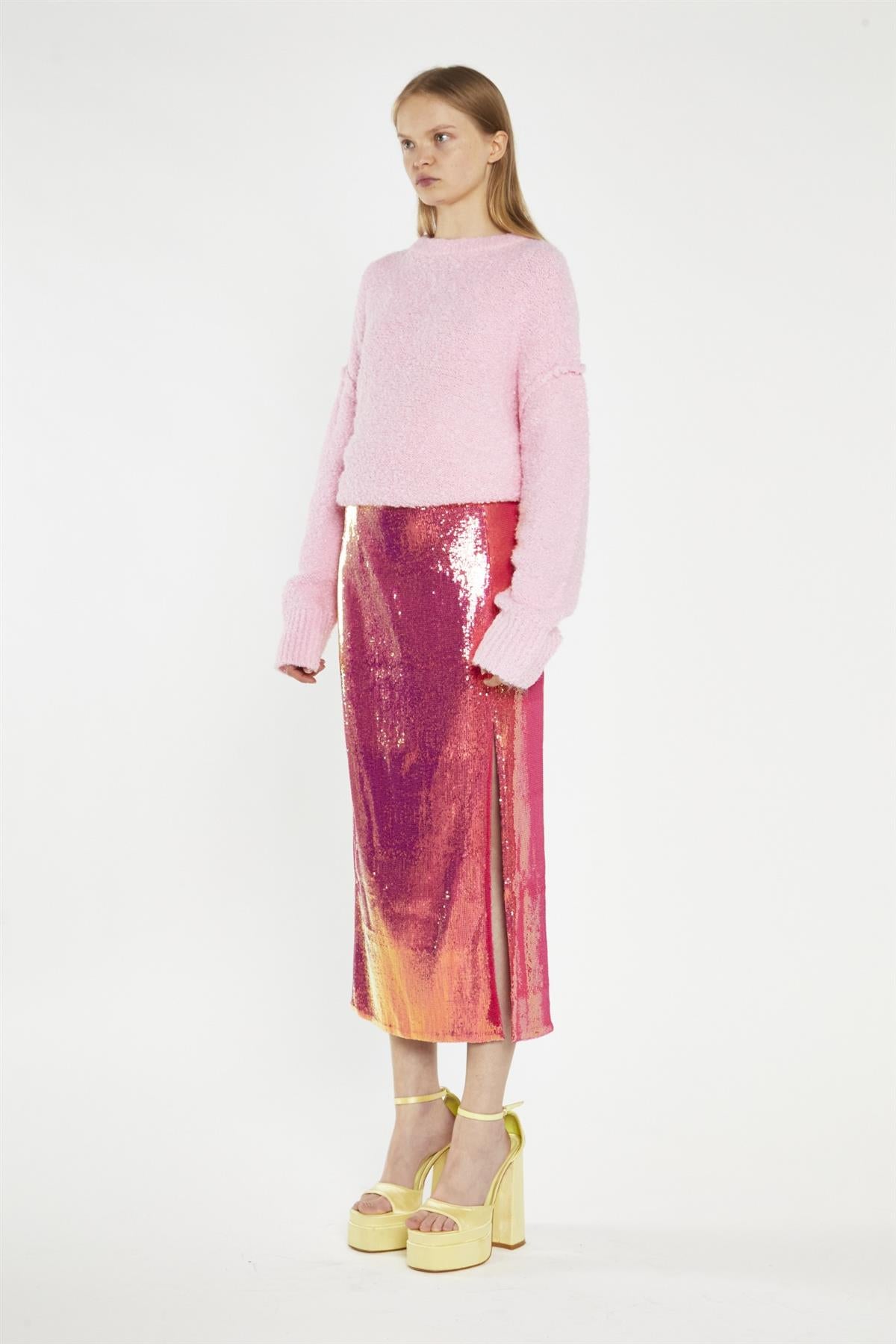 Pink-Gold Sequin Side-Split Midi-Skirt