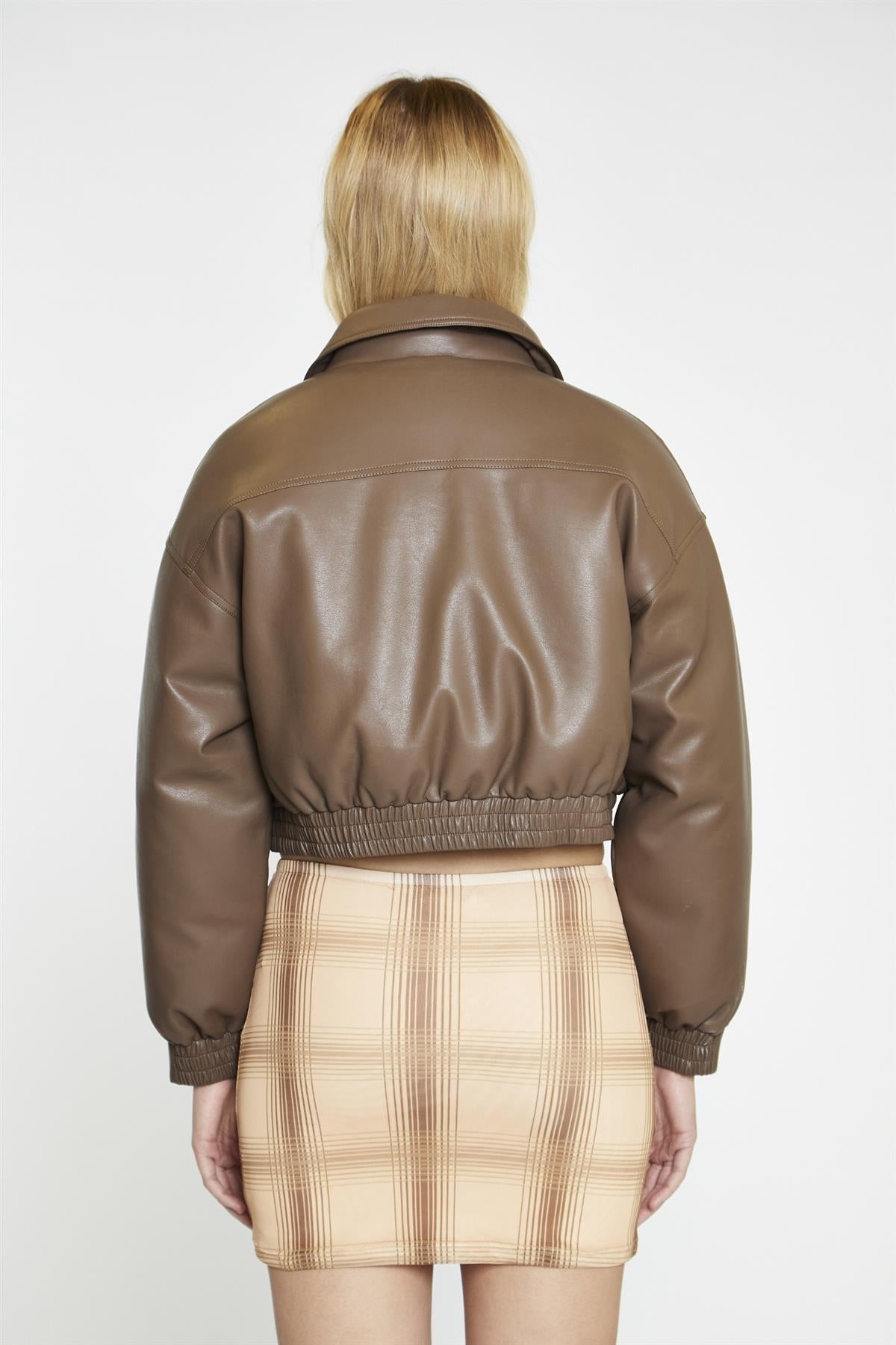 Peanut-Brown Cropped Bomber Jacket