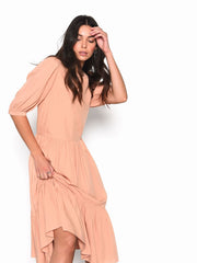 Peach Long Sleeve Puff Midi Dress