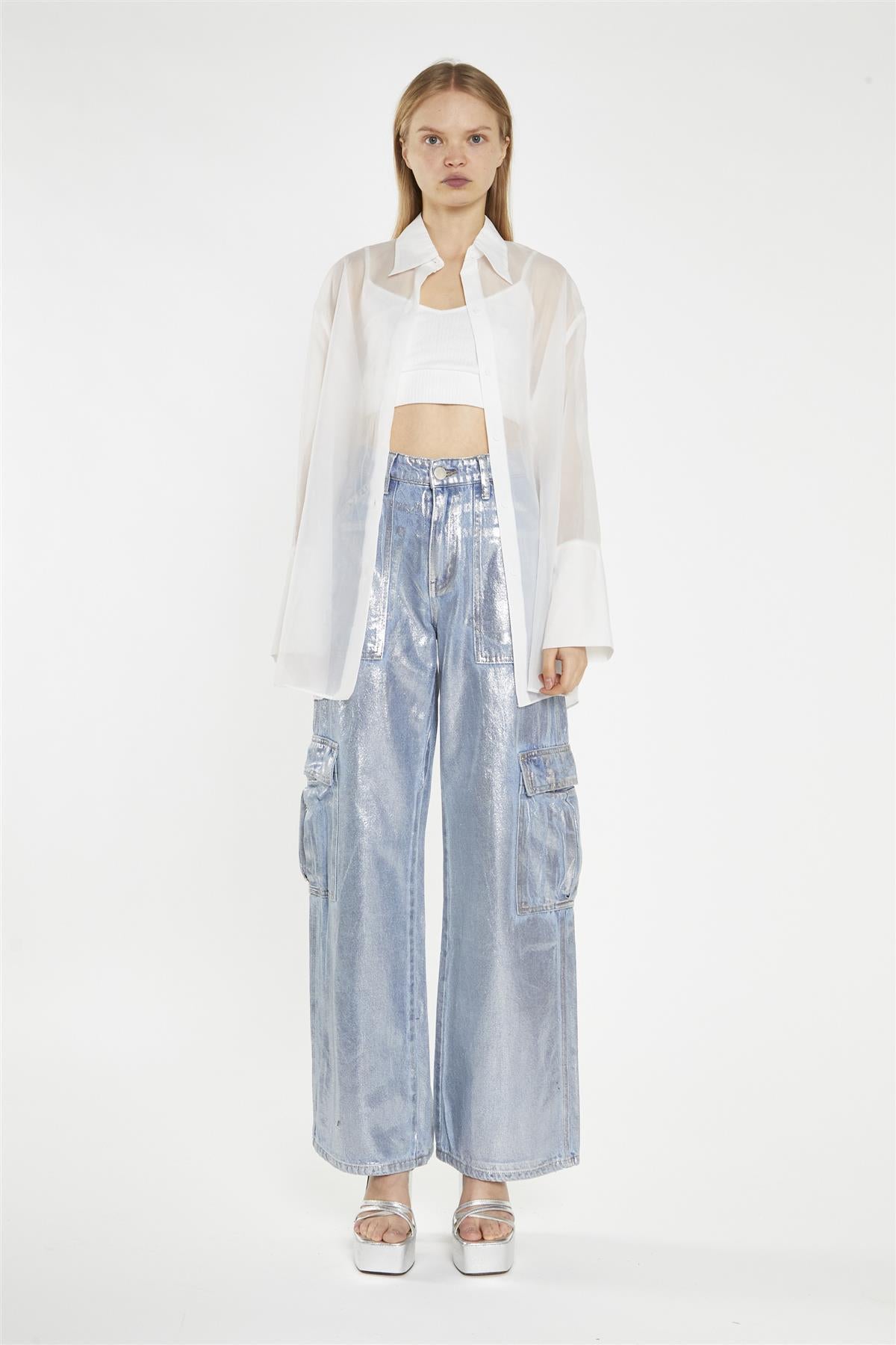 Blue Silver-Foil Wide-Leg Cargo-Jeans