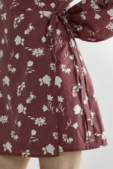 Burgundy-Floral Wrap Mini-Dress