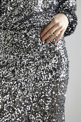 Black-Silver Sequin Bias-Cut Maxi-Skirt