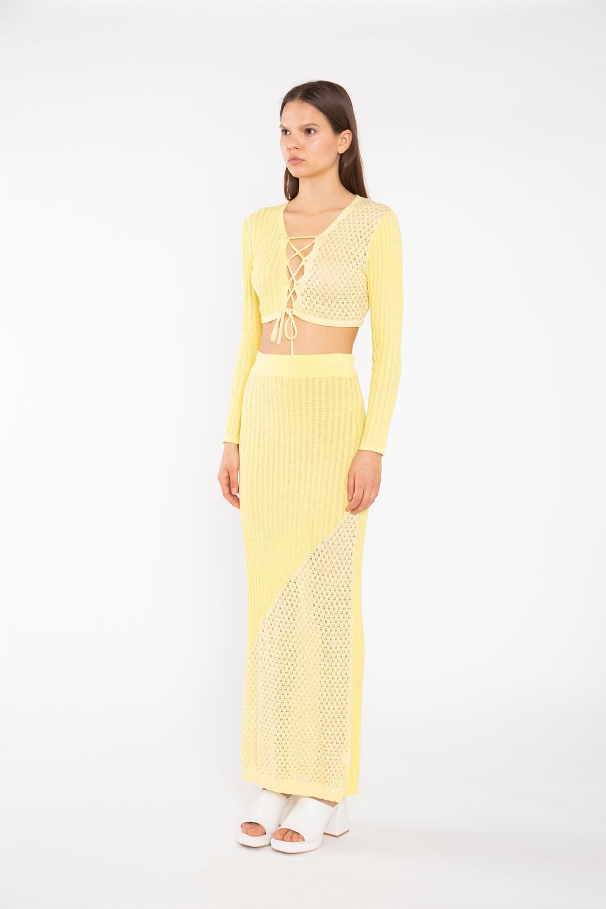 Lemon-Yellow Mix Knit Straight Maxi-Skirt