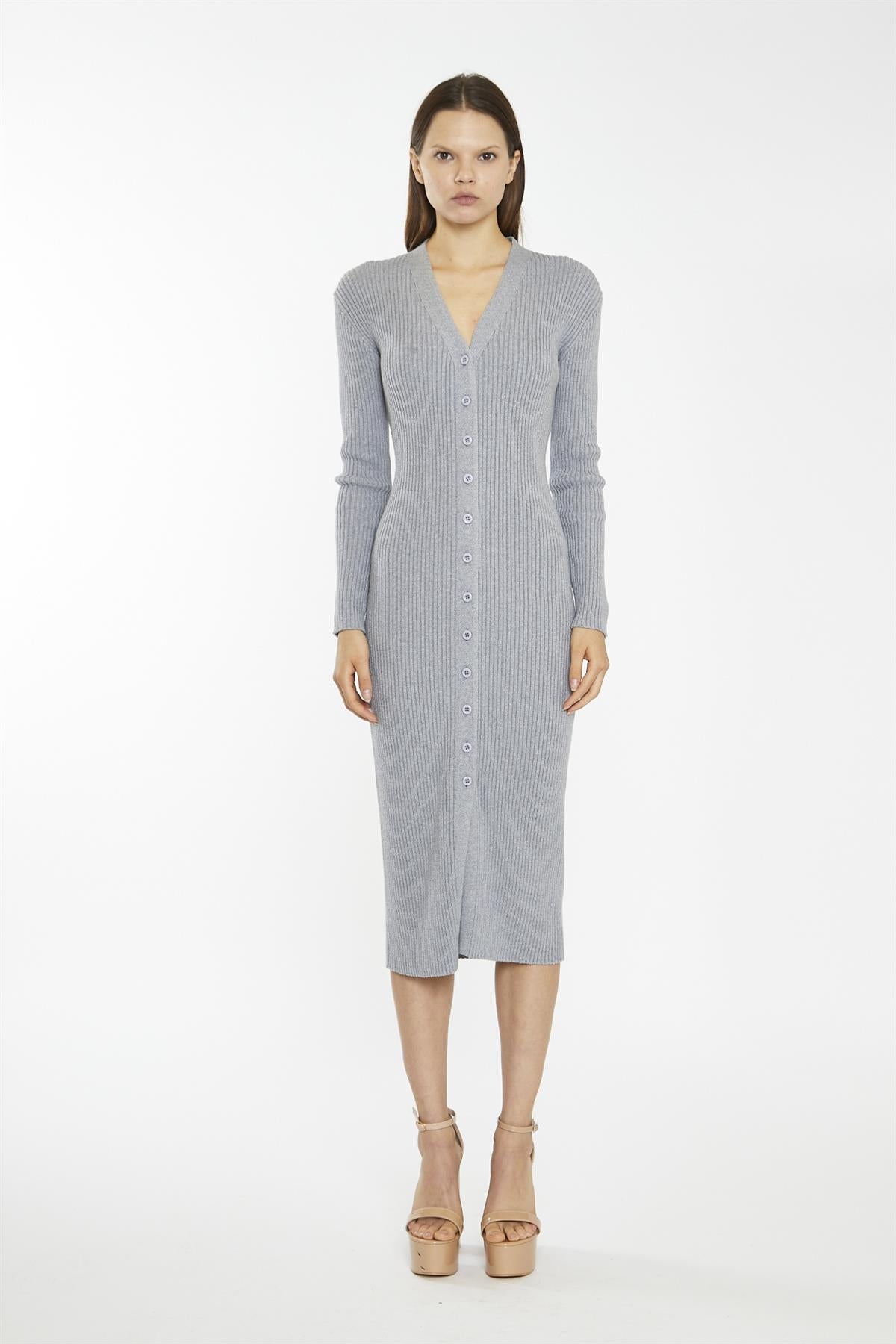 Grey-Marl Button-Down Knitted Midi-Dress