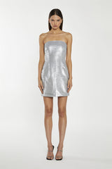 Matt-Silver Sequin Strapless Mini-Dress