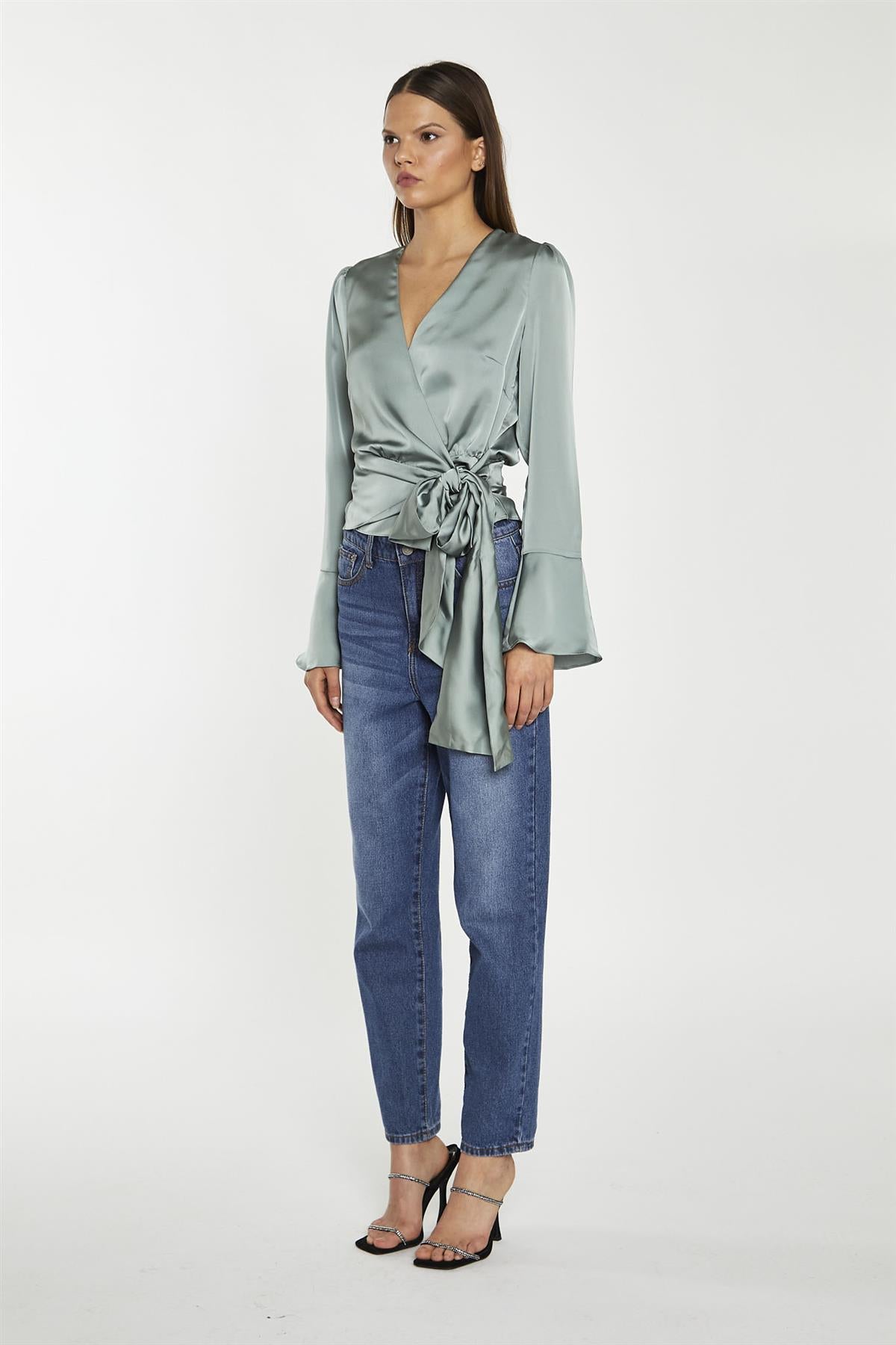 Dusty-Green Satin Wrap Front Blouse