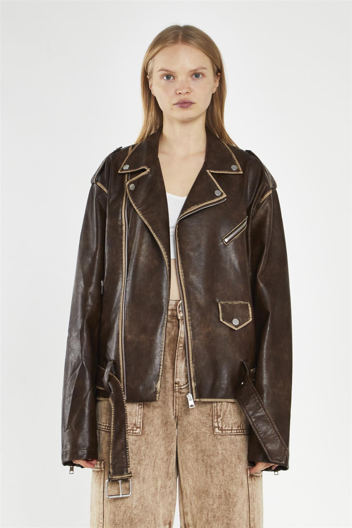 Brown Distressed-PU Oversized Biker-Jacket