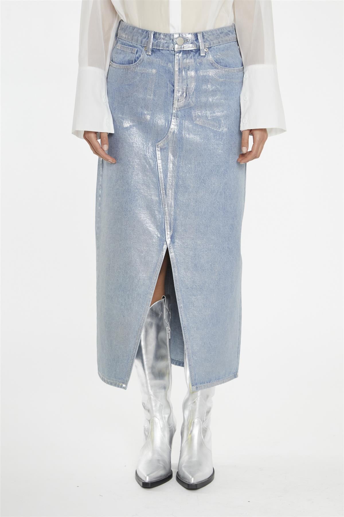 Blue Silver-Foil Denim Midi-Skirt