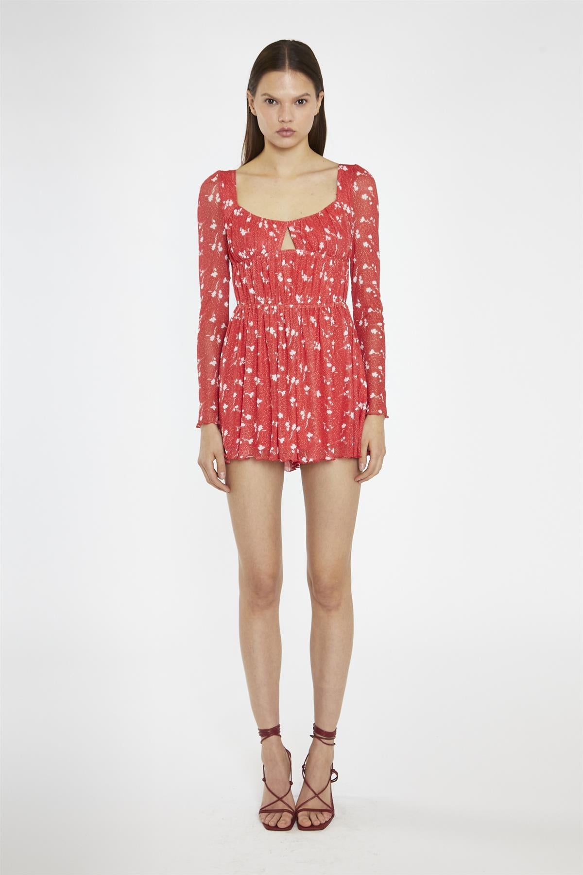 Red Vintage-Floral Ruched Long-Sleeve Playsuit