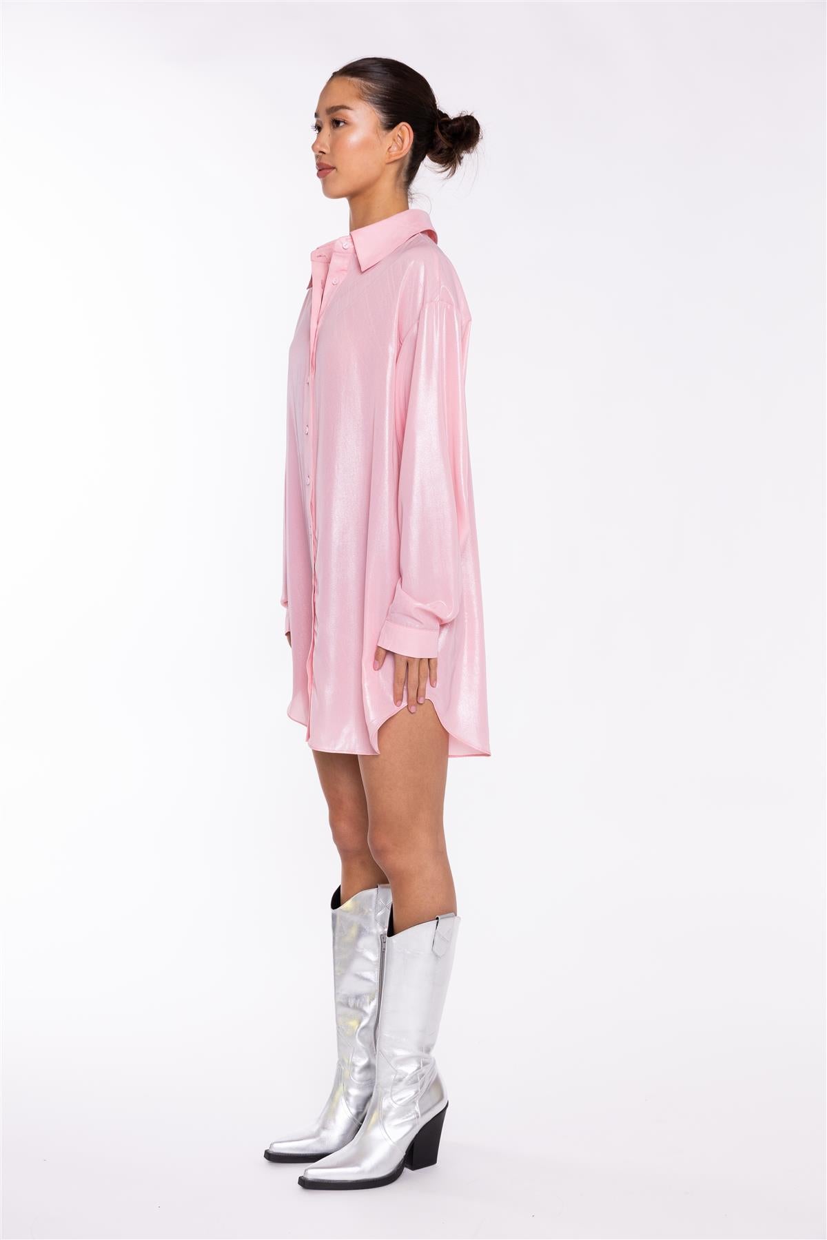 Candy-Pink Shimmer Shirt Mini-Dress