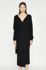 Black Tie-Waist Knitted Midi-Dress