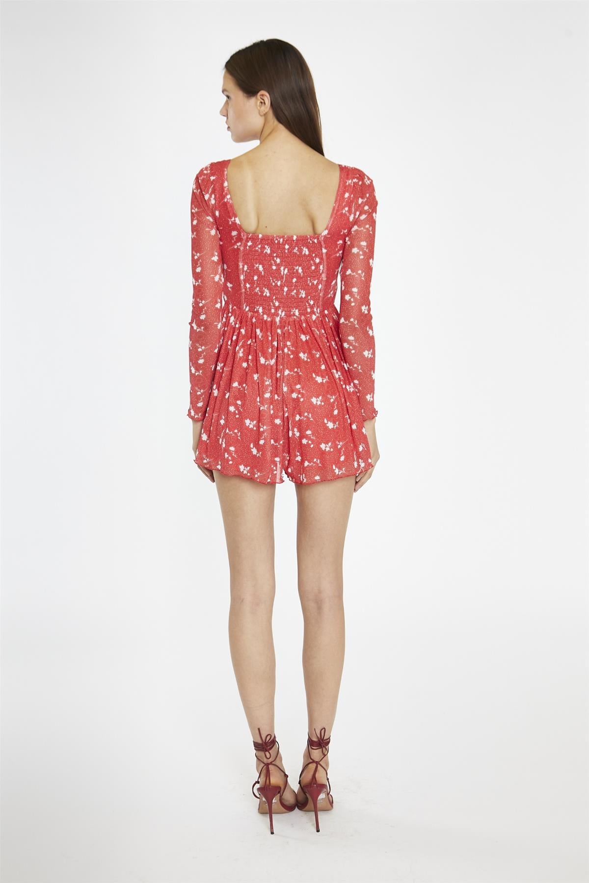 Red Vintage-Floral Ruched Long-Sleeve Playsuit