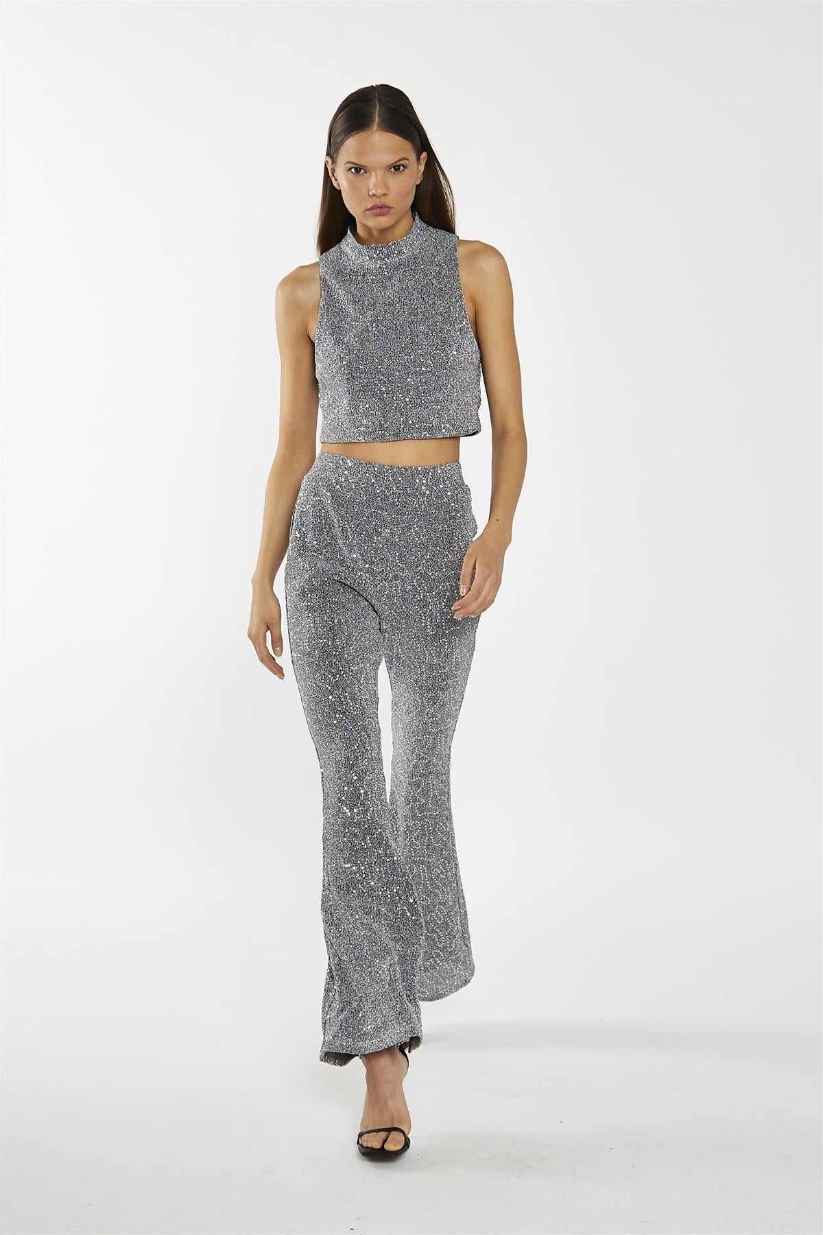 Silver-Sequin Plisse High-Neck Crop-Top