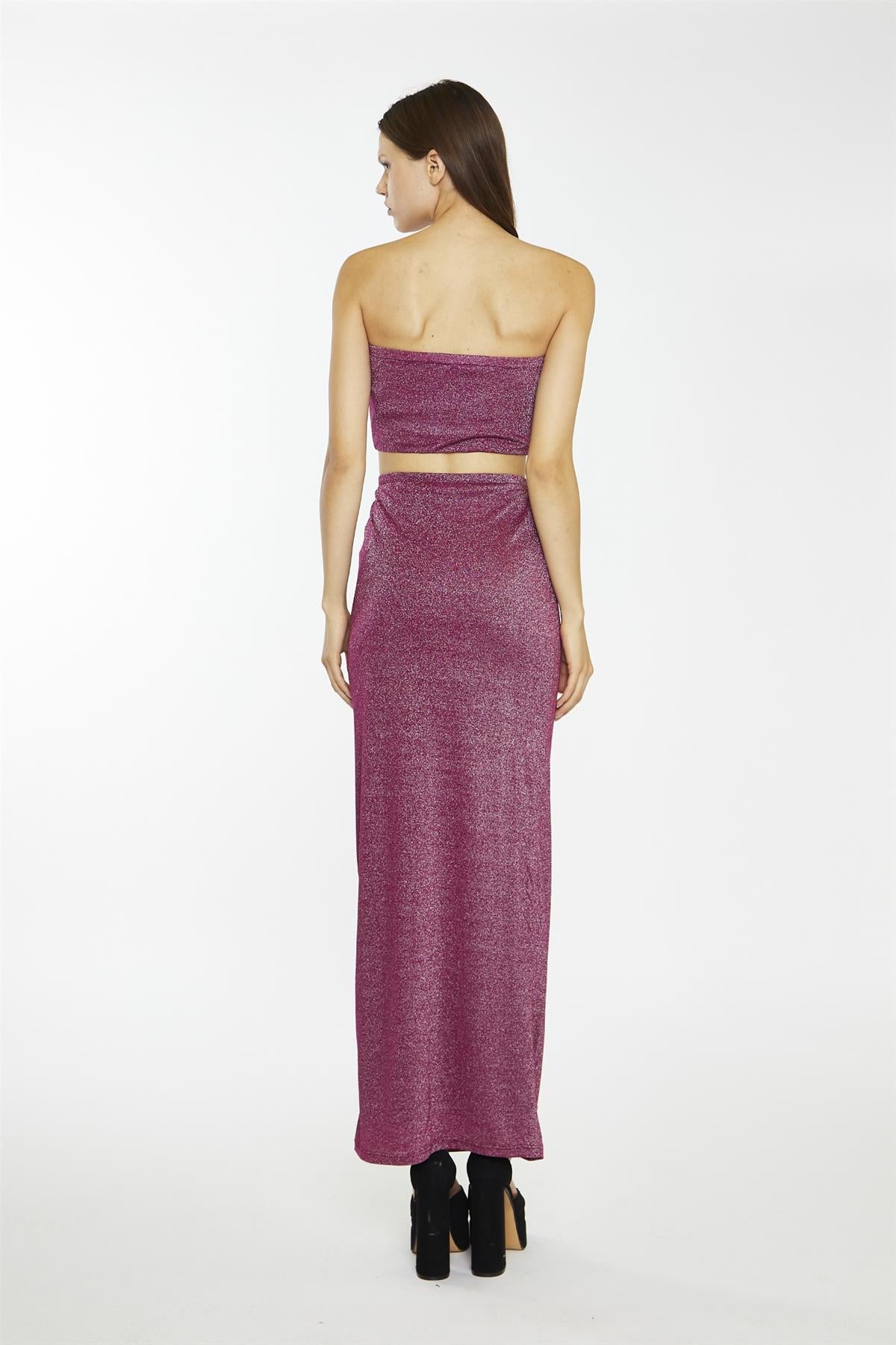 Red-Plum Glitter Straight Maxi-Skirt