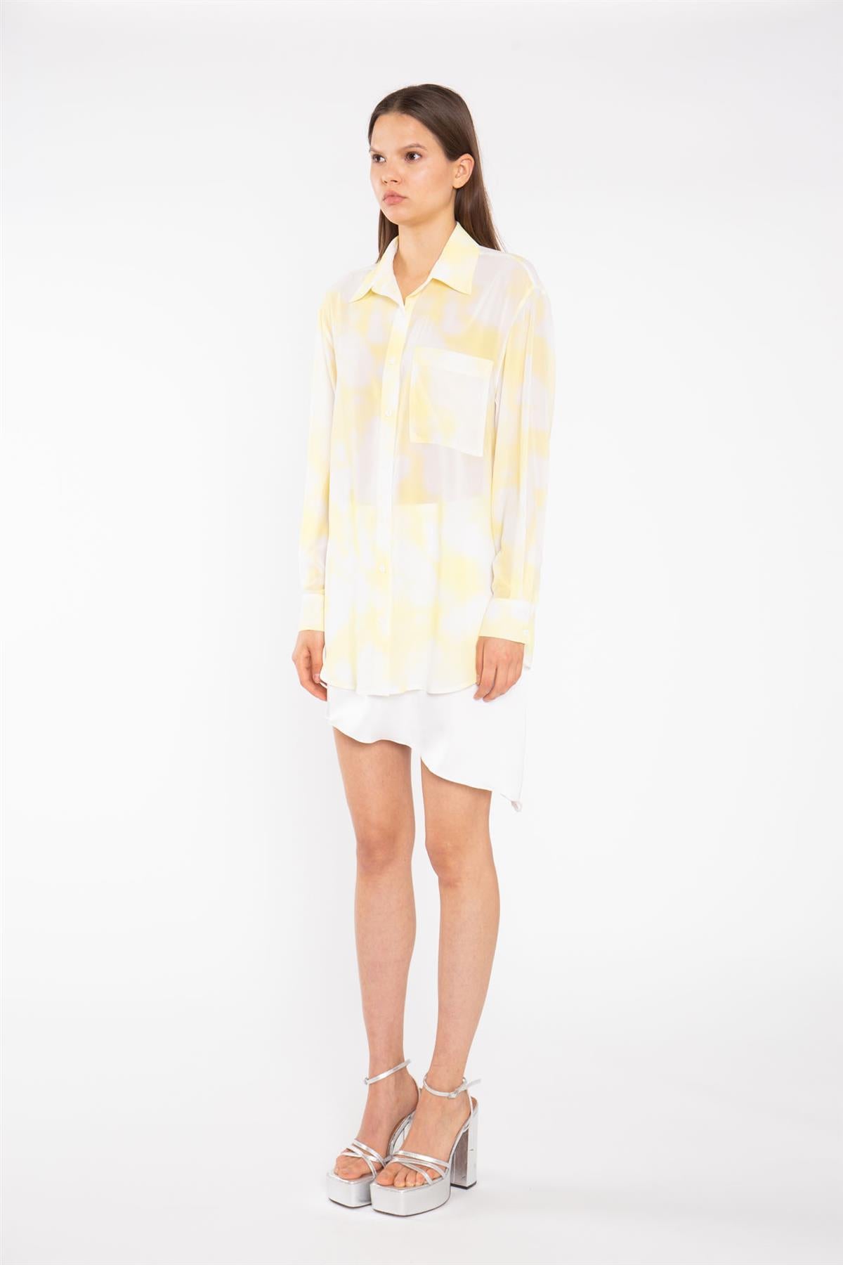 Yellow Print-Chiffon Button Down Classic-Shirt