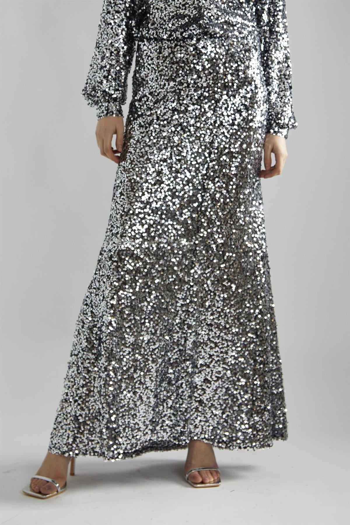 Black-Silver Sequin Bias-Cut Maxi-Skirt