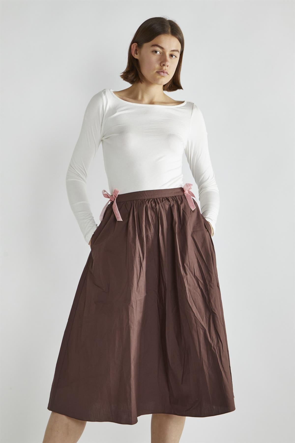 Brown Bow-Detail Midi-Skirt