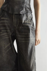 Black Distressed-PU Wide-Leg Trousers