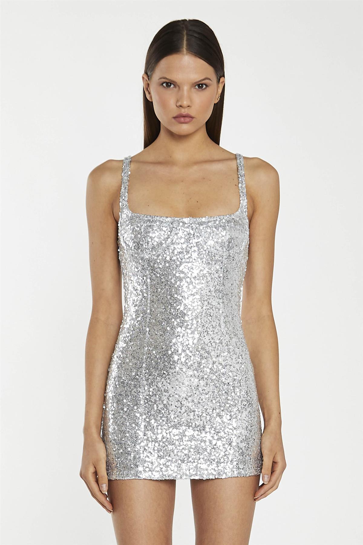 Silver-Sequin Corset Mini-Dress