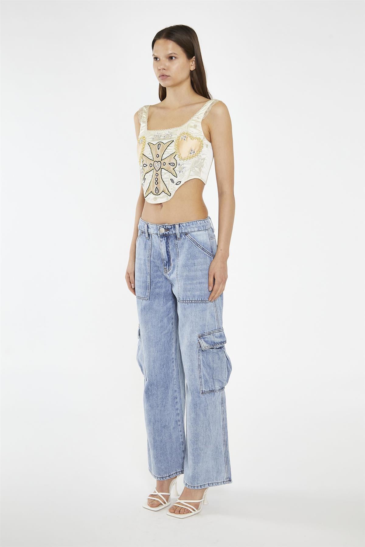 Light Stonewash Cargo Wide-Leg-Jeans