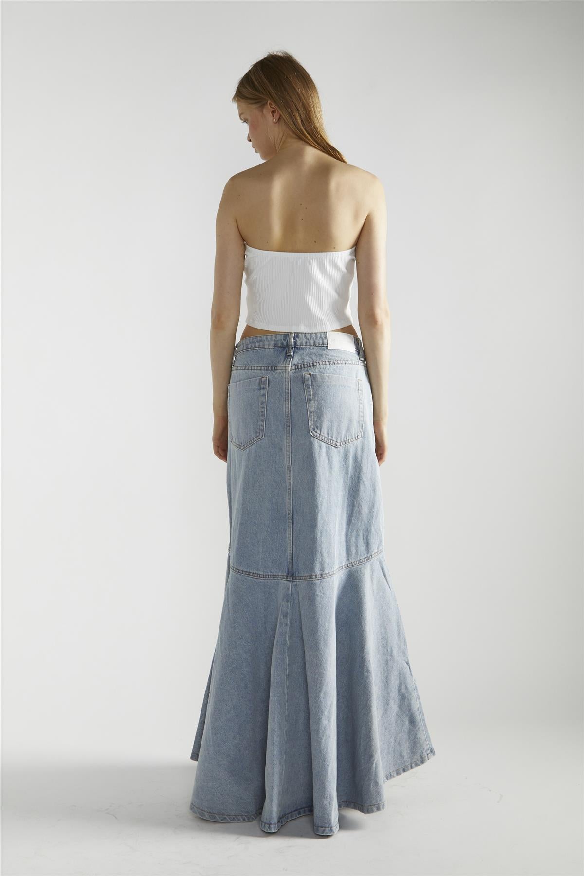 Light Stonewash Denim Fishtail Maxi-Skirt