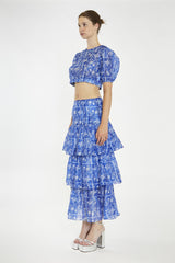 Blue-Tile Organza Tiered Ruffle Midaxi-Skirt