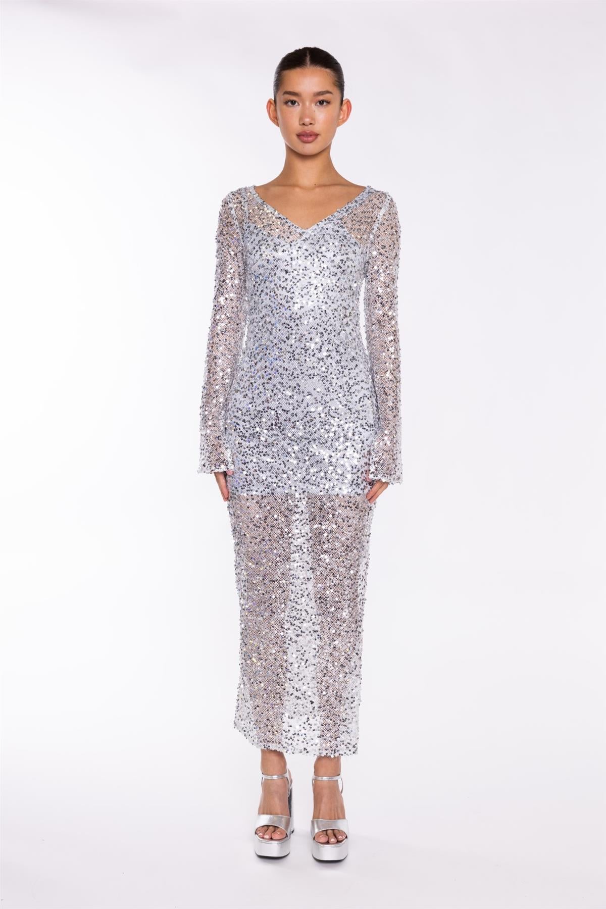 Silver Sequin-Mesh V-neck Maxi-Dress