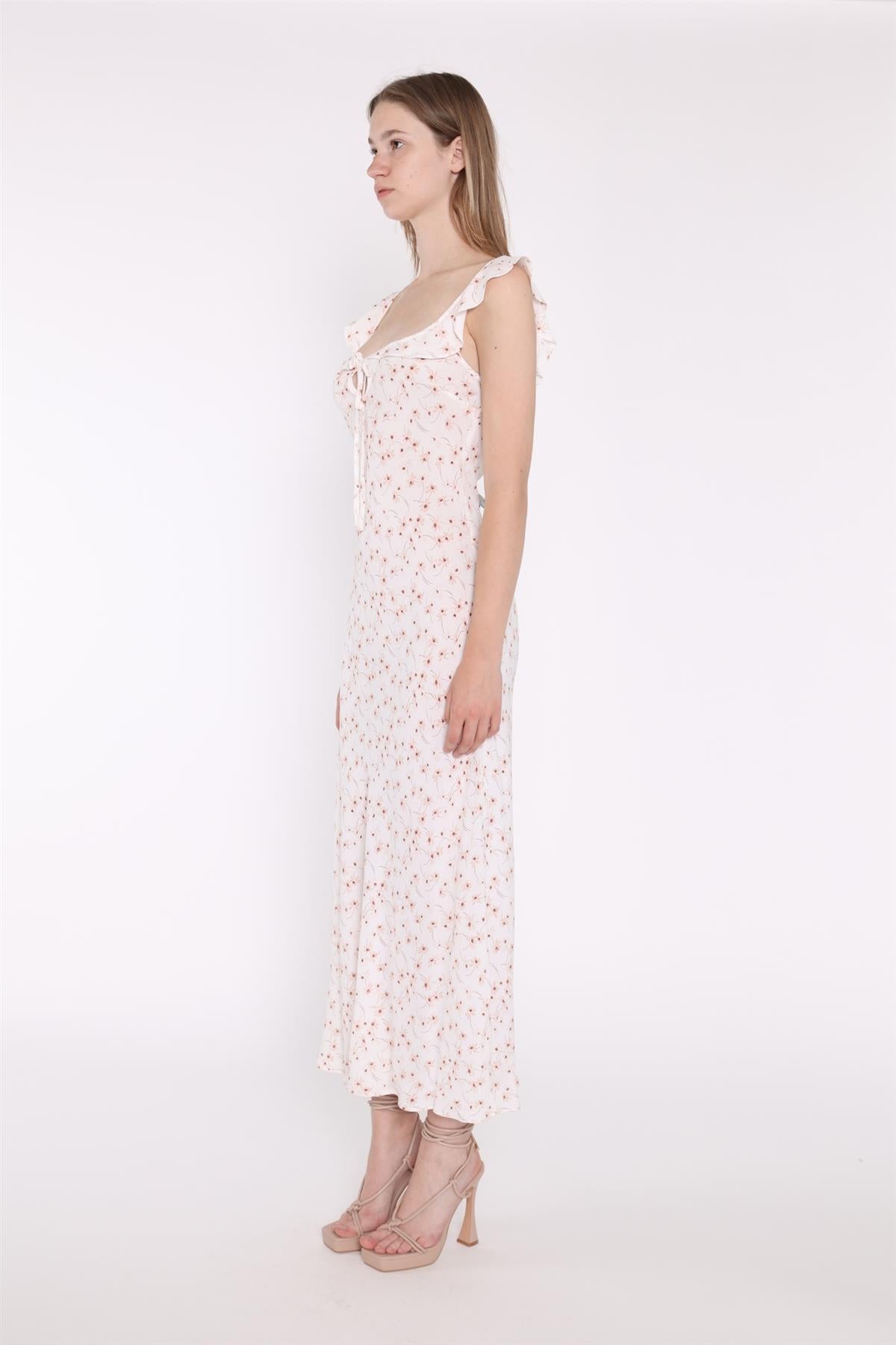 White-Base Floral Ruffle Neck Midaxi-Dress