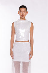 Transparent-Sequin Boat-Neck Crop-Top