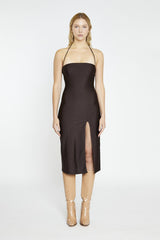 Dark Brown Square Halterneck Midi-Dress