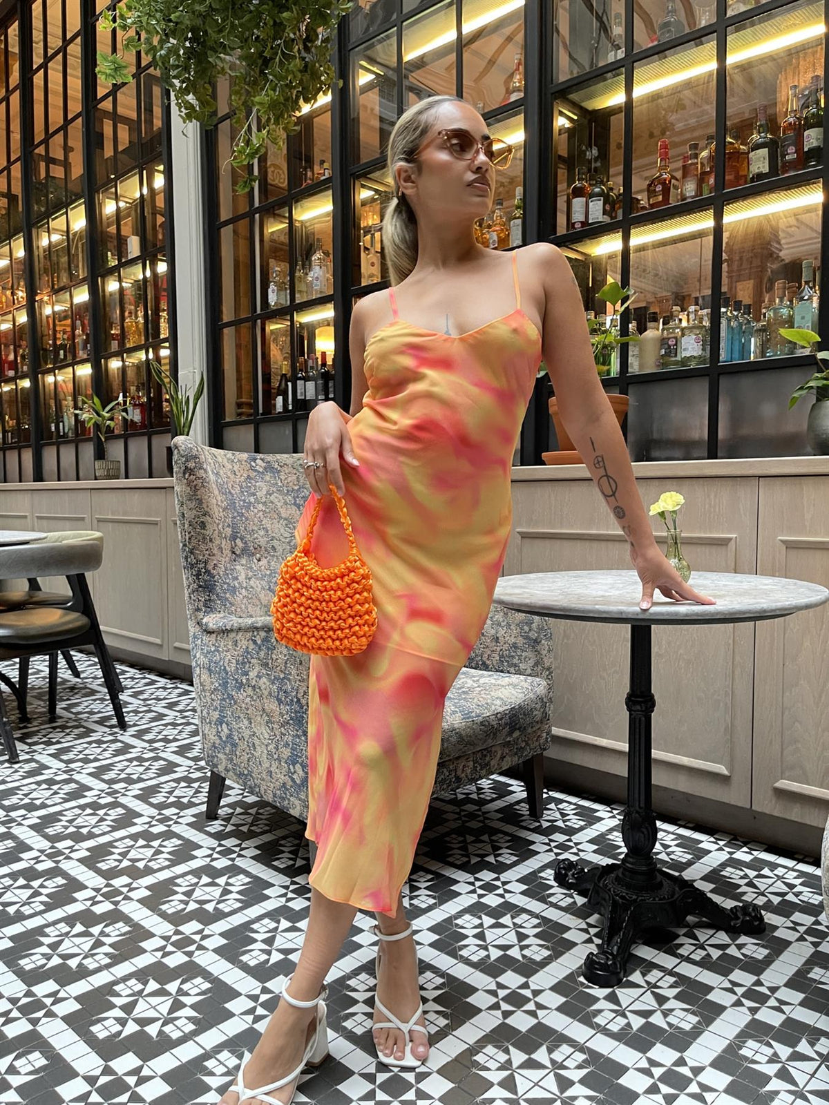 Orange-Yellow Tie-Die Cami Slip Midi-Dress