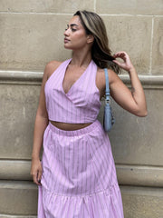 Pink Vertical-Stripe Wrap Halterneck Crop-Top