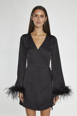 Black-Sateen Feather Trim Wrap Mini-Dress