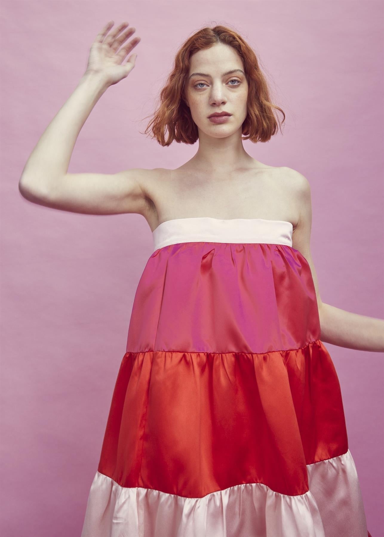 Nancy Gathered Tiered Midi Skirt -Pink-Red