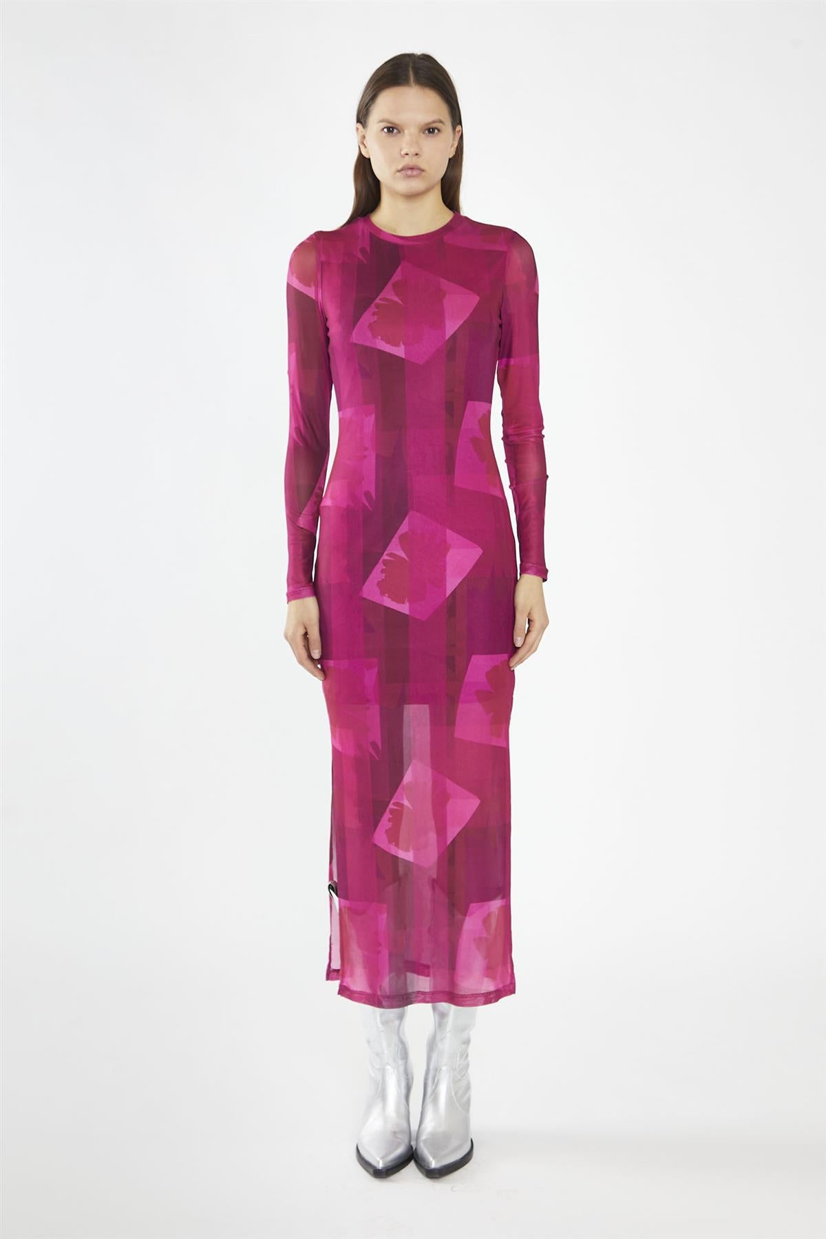 Pink-Block Mesh Crew-Neck Bodycon Maxi-Dress