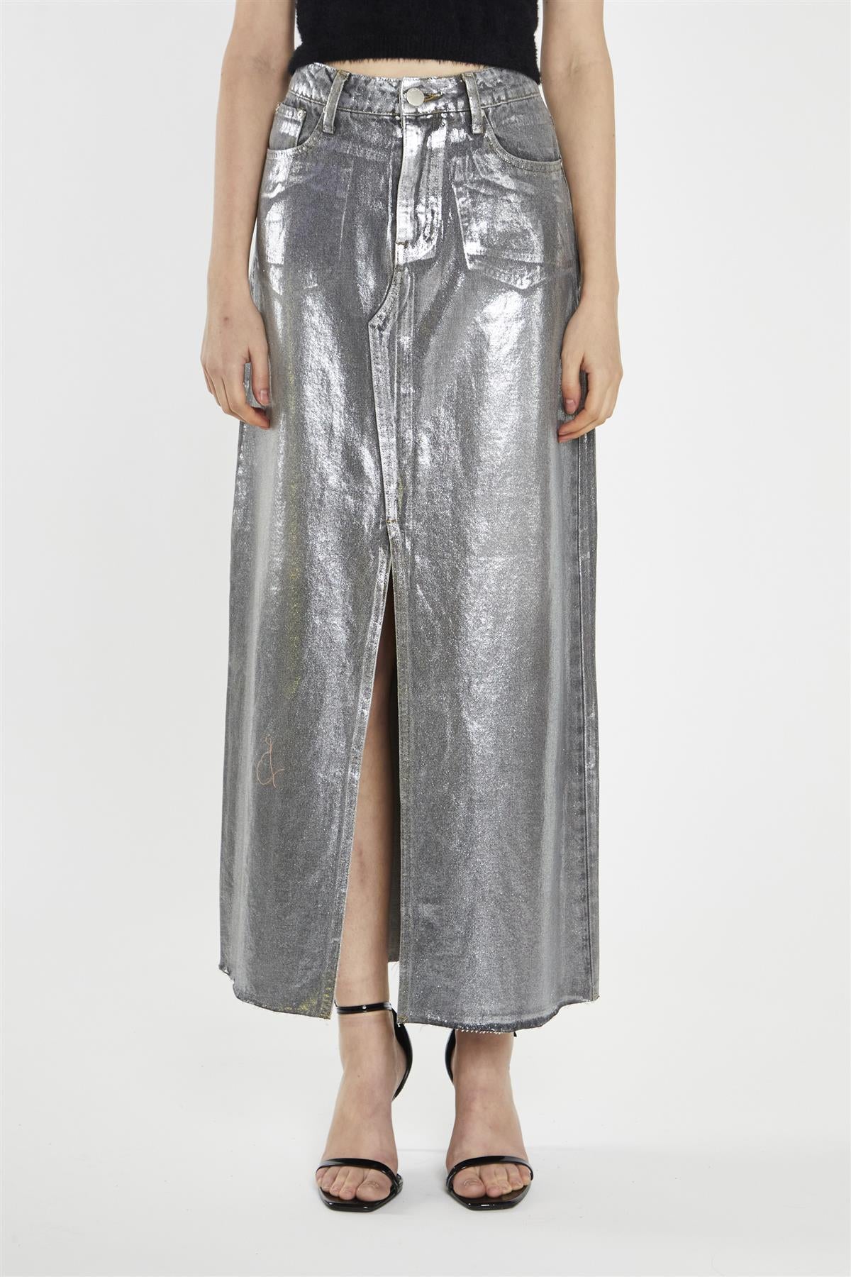 Grey Silver-Foil Denim Split-Front Midi-Skirt