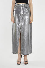 Grey Silver-Foil Denim Split-Front Midi-Skirt