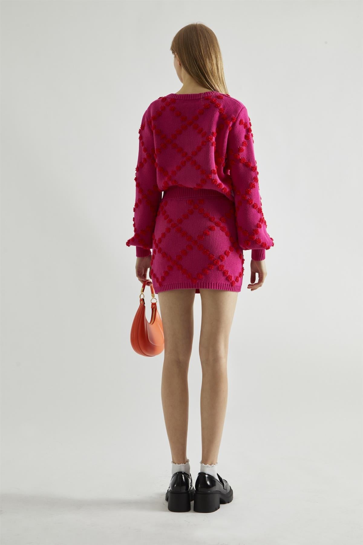 Pink-Red Bobble-Knit Mini-Skirt