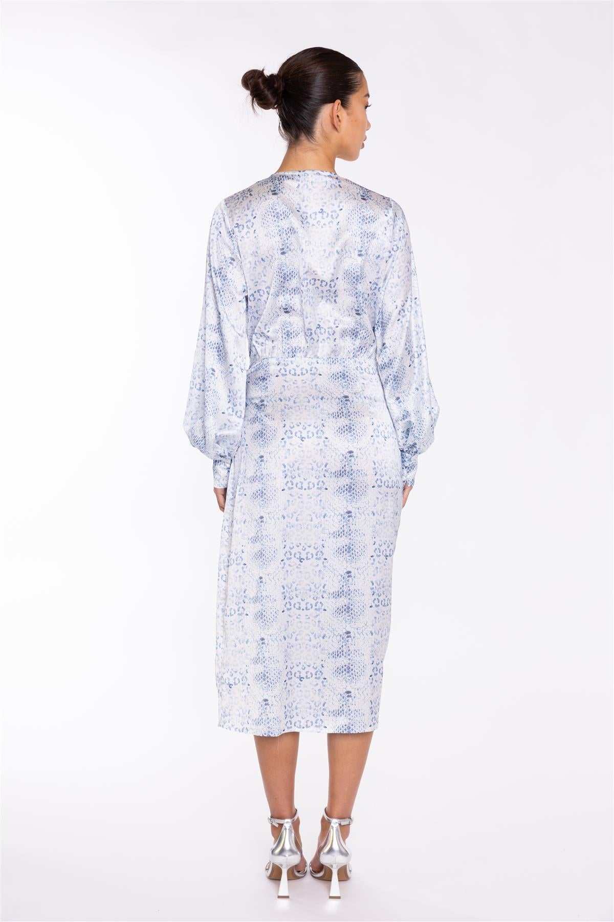 White-Blue Animal Wrap Midi-Dress