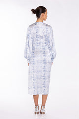 White-Blue Animal Wrap Midi-Dress