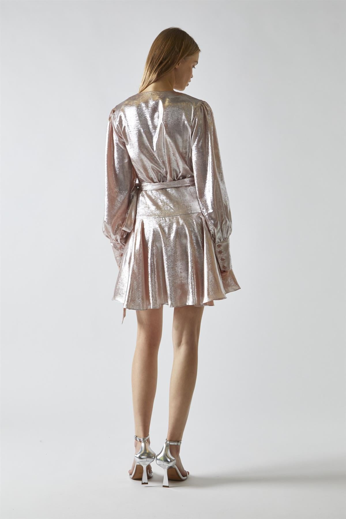 Peach-Metallic Wrap Mini-Dress