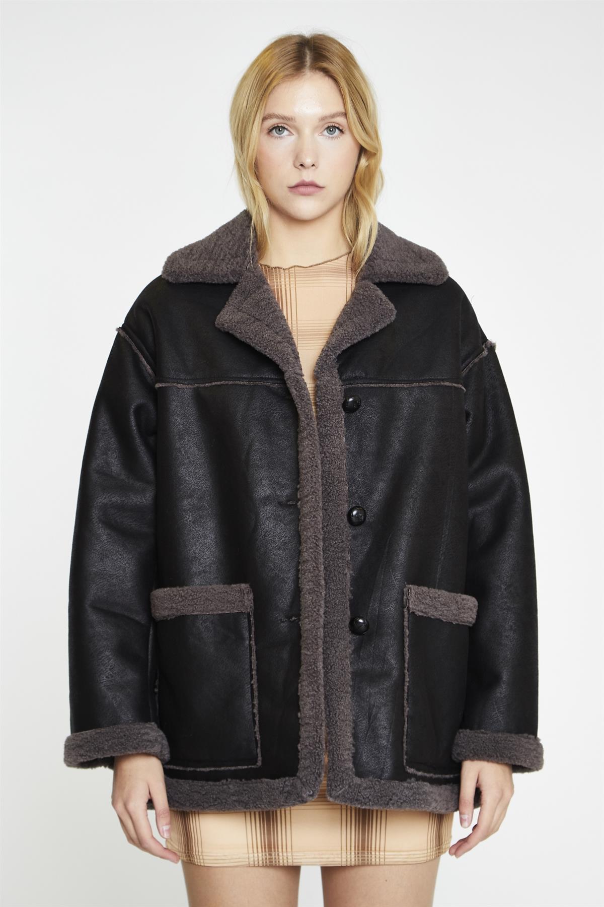 Black Dark-Grey Oversized Shearling Coat