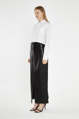 Black PU Centre-Split Midi-Skirt