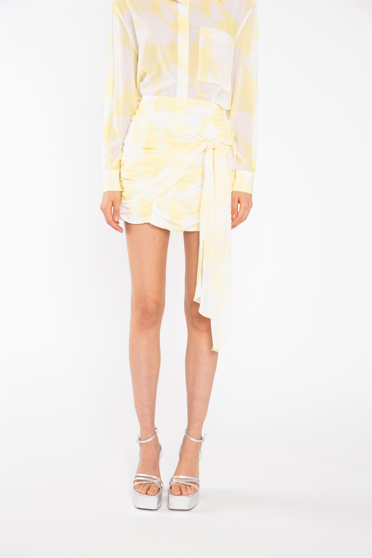 Yellow Print-Chiffon Ruched Tie-Front Mini-Skirt