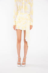 Yellow Print-Chiffon Ruched Tie-Front Mini-Skirt