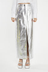 Silver PU Centre-Split Midi-Skirt