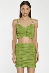 Green-Glitter Ruched Crop-Top