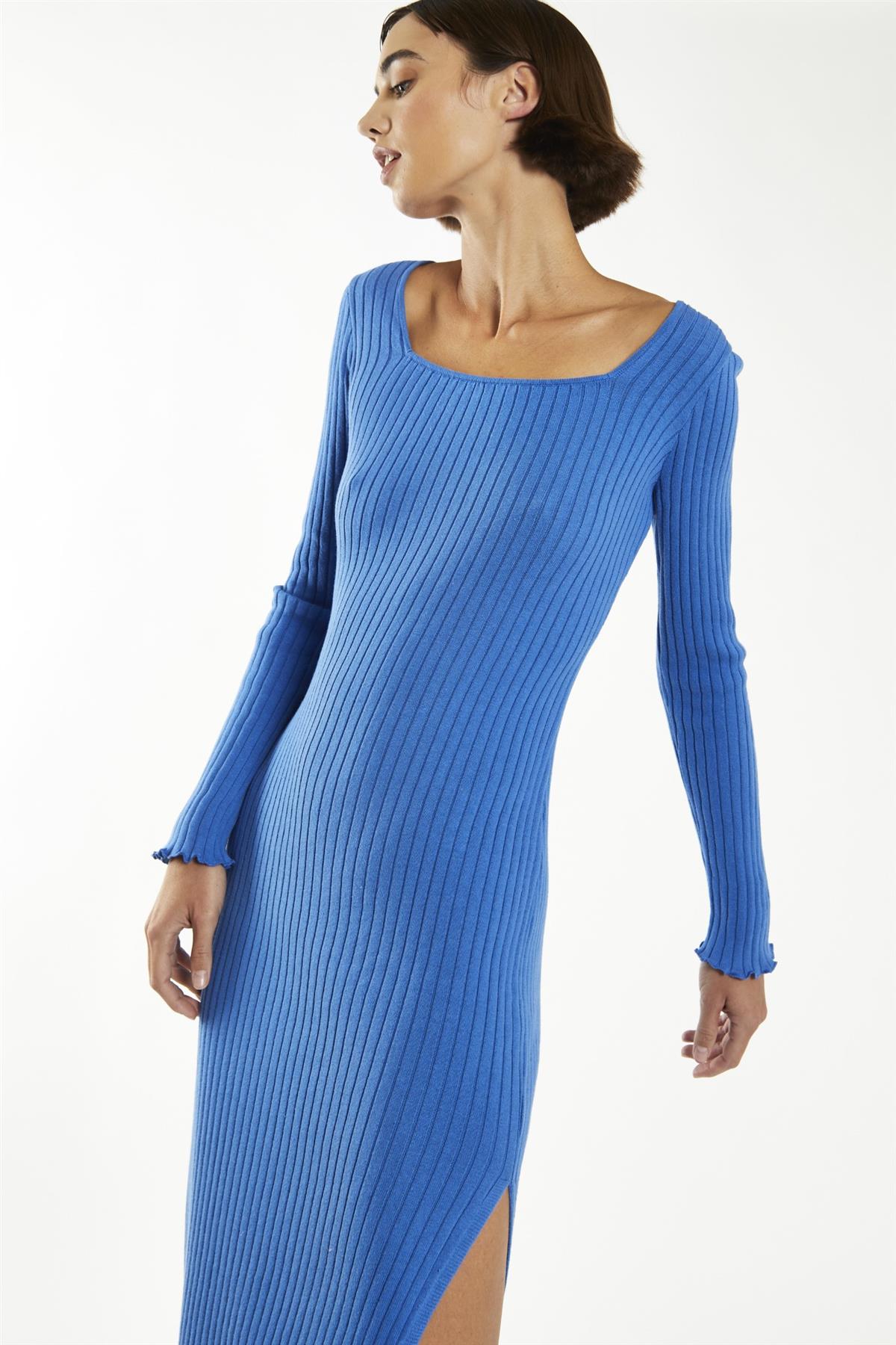 Ultramarine Blue Square-Neck Knit Midi-Dress