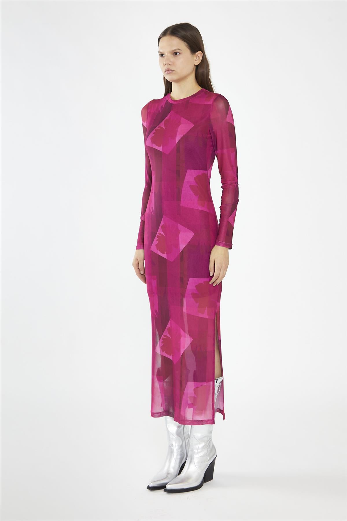 Pink-Block Mesh Crew-Neck Bodycon Maxi-Dress